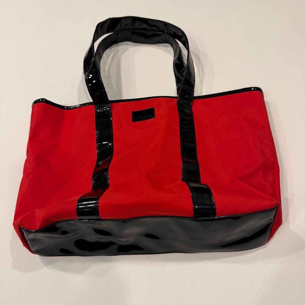 Junior League Red Nylon Tote Bag Black Patent Trim Large Shoulder Bag